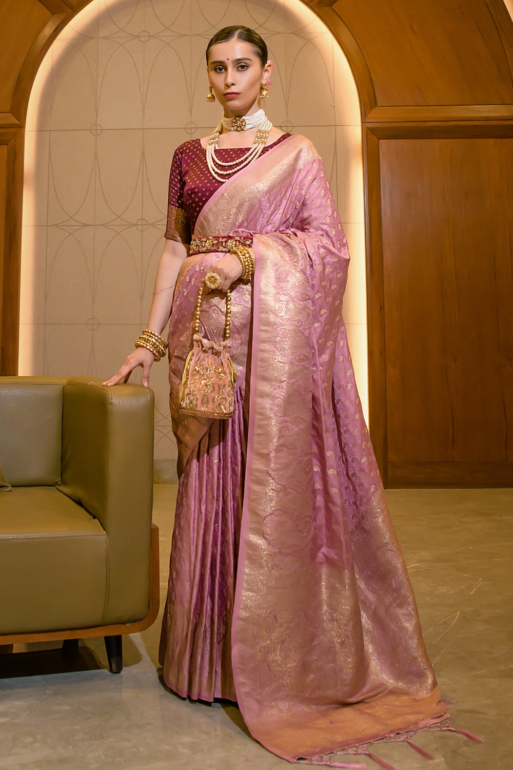 Charm Pink Banarasi Silk Saree With Weaving Work