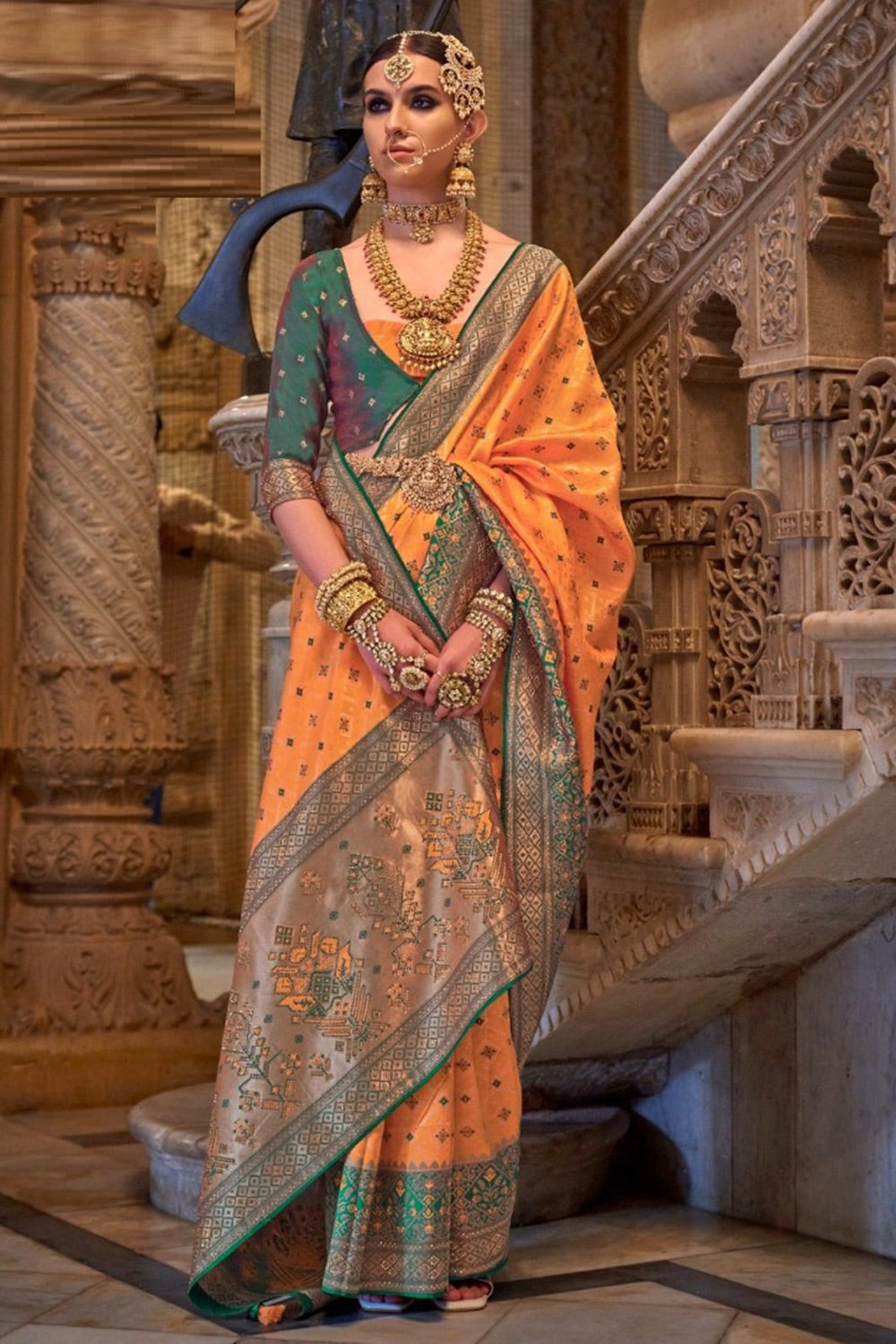 Light Orange Patola Silk Saree With Weaving Work