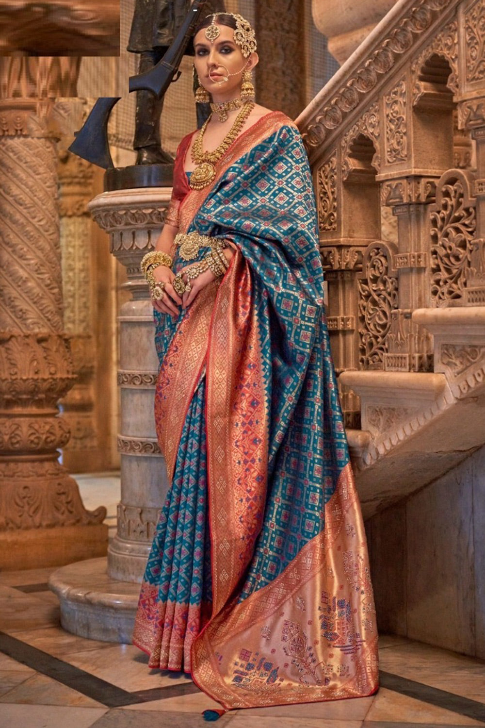 Rama Blue Patola Silk Saree With Weaving Work