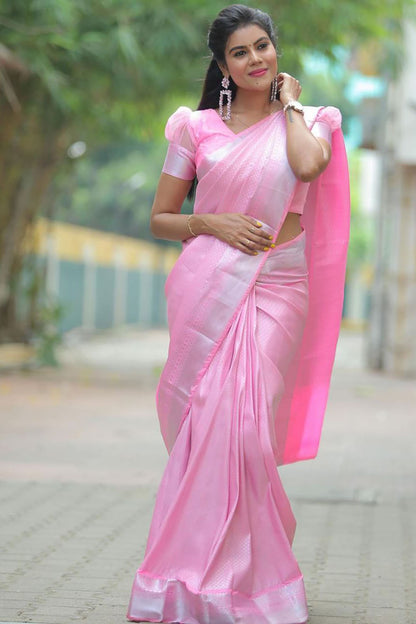 Light Pink Banarasi Silk Saree With Zari Weaving Work