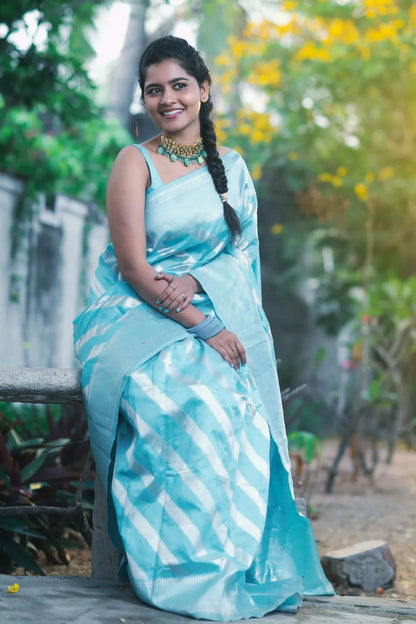 Sky Blue Banarasi Silk Saree With Zari Weaving Work