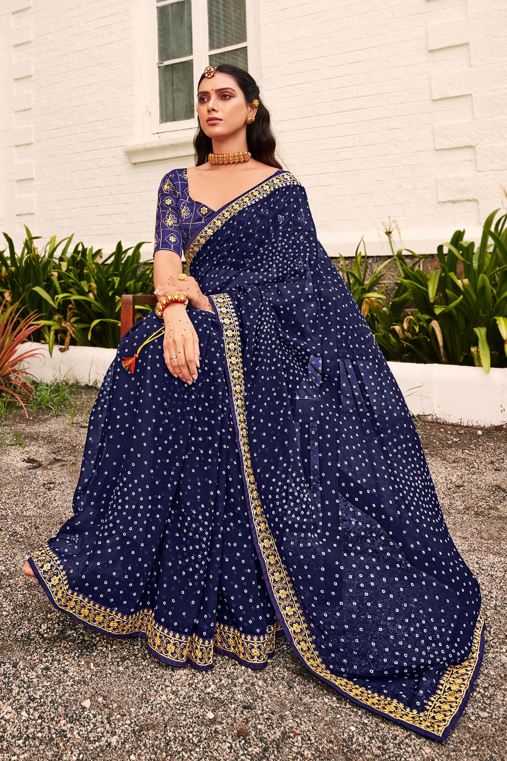 Royal Blue Georgette With Bandhani Design Saree