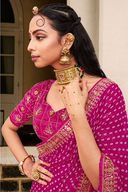 Rani Pink Georgette With Bandhani Design Saree