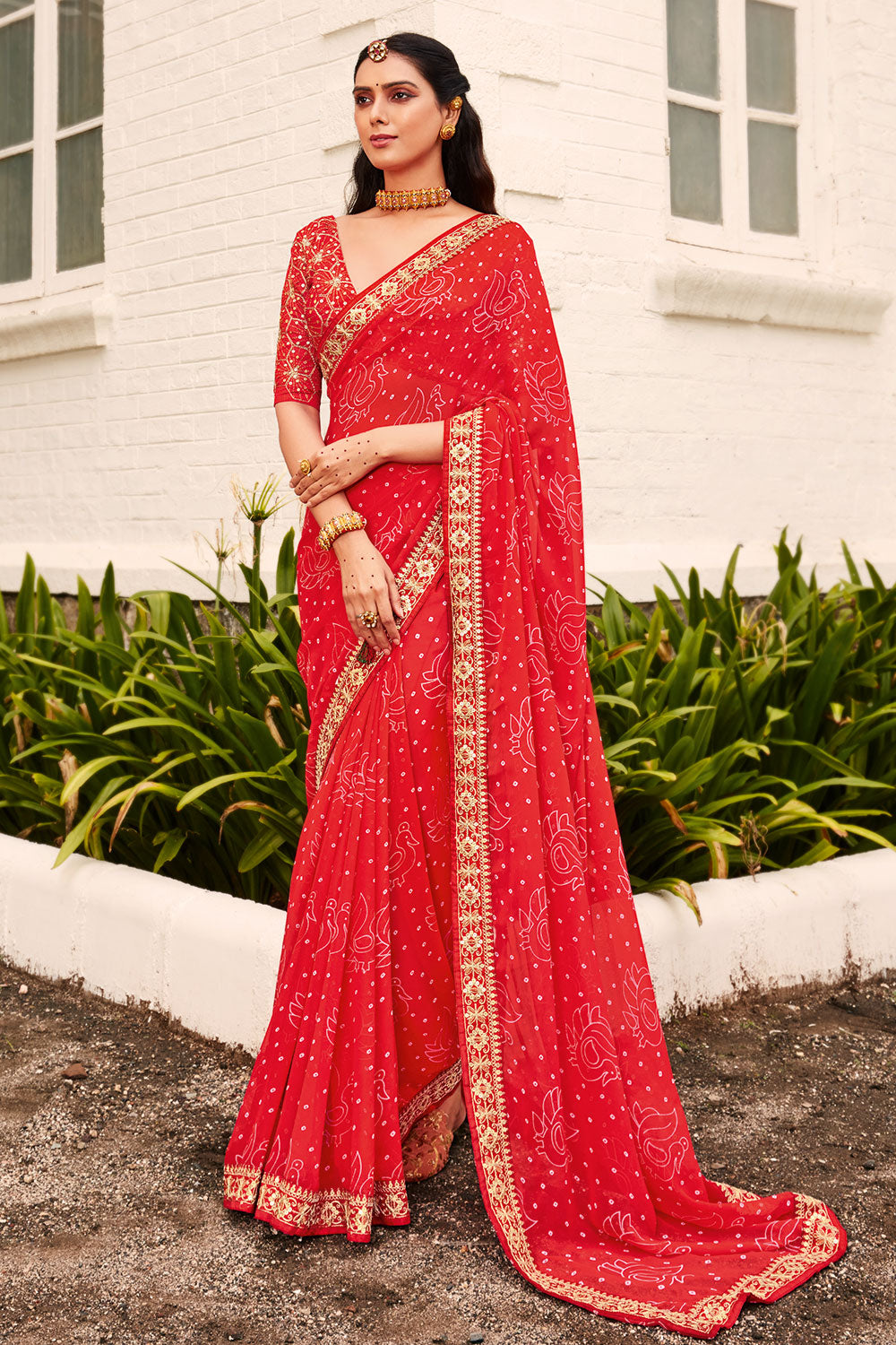 Red Georgette With Bandhani Design Saree