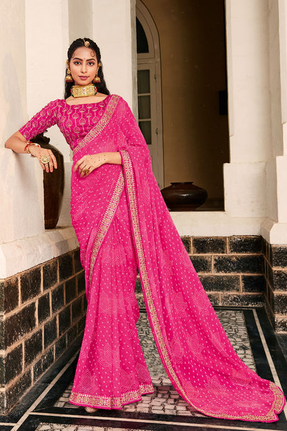Pink Georgette With Bandhani Design Saree