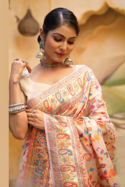 Creamy Off-White Kashmiri Modal Handloom Weaving Saree