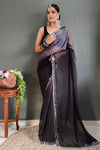Gray & Black Georgette Ready To Wear Saree With Lace Border