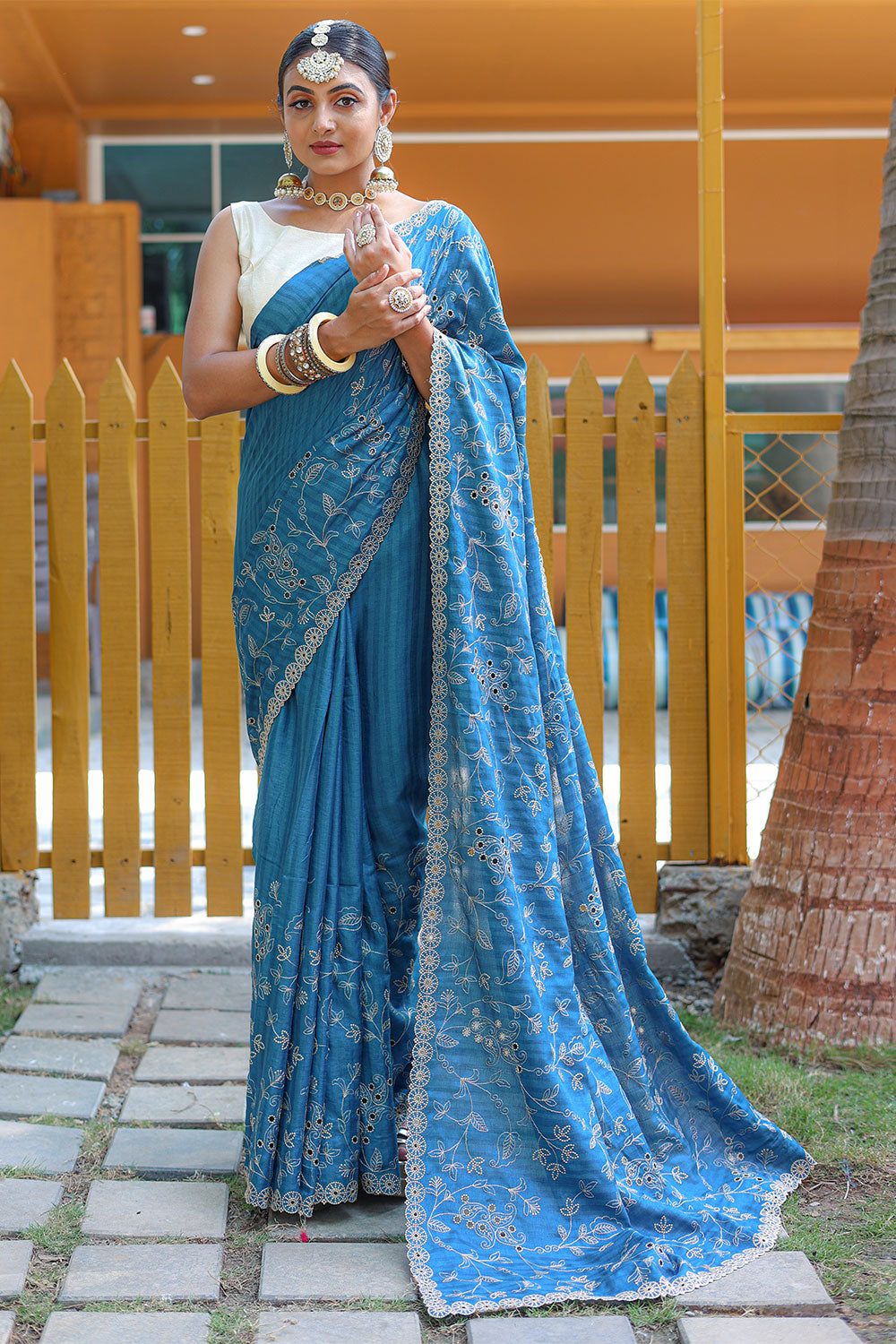 Blue Soft Silk Saree With Thread HandWork &amp; Cutwork Border