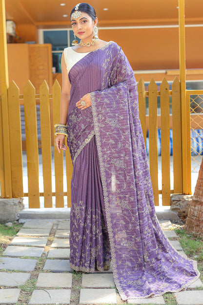 Light Purple Soft Silk Saree With Thread HandWork &amp; Cutwork Border