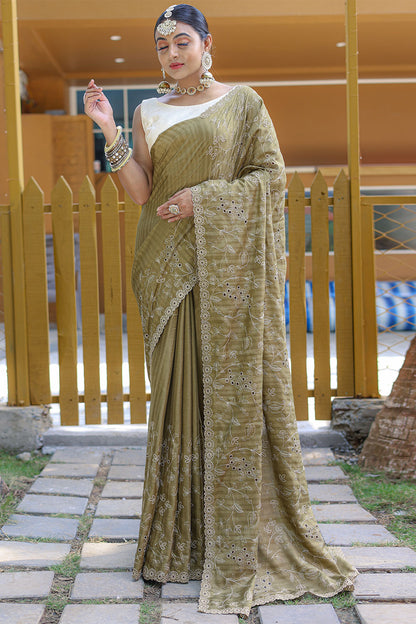 Mehandi Green Soft Silk Saree With Thread HandWork &amp; Cutwork Border