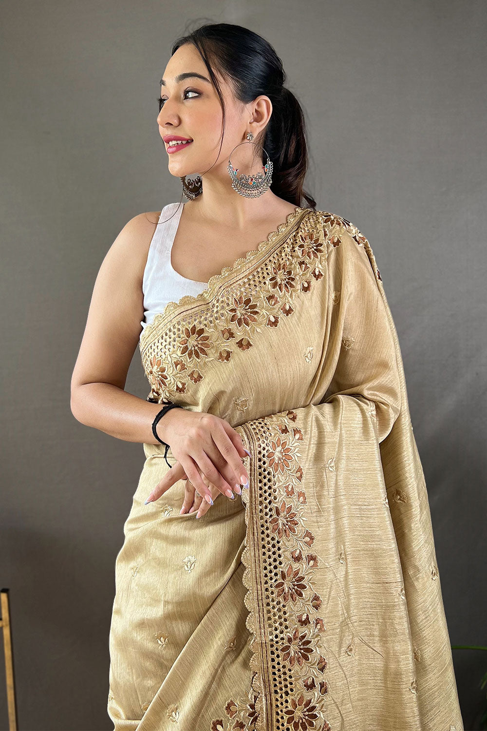 Cream Soft Silk Saree With Embroidery Work