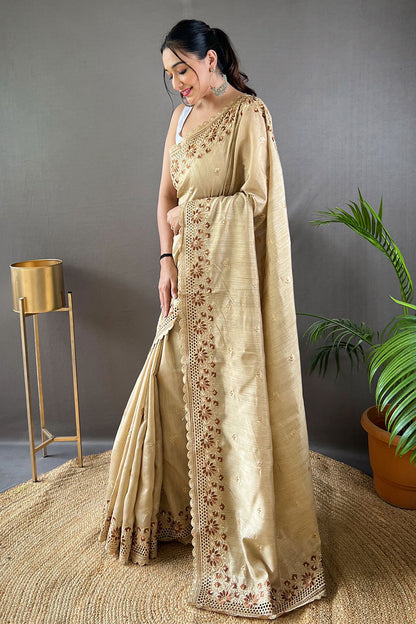 Beige Soft Silk Saree With Embroidery &amp; Cutwork Border