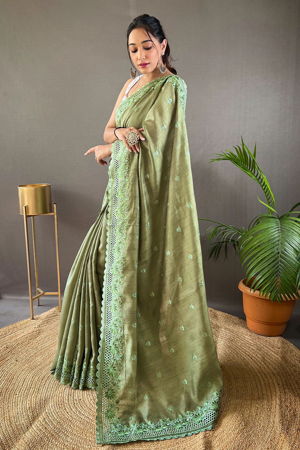 Pista Green Soft Silk saree With Embroidery &amp; Cutwork Border