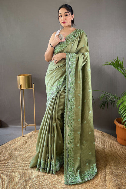 Pista Green Soft Silk saree With Embroidery &amp; Cutwork Border