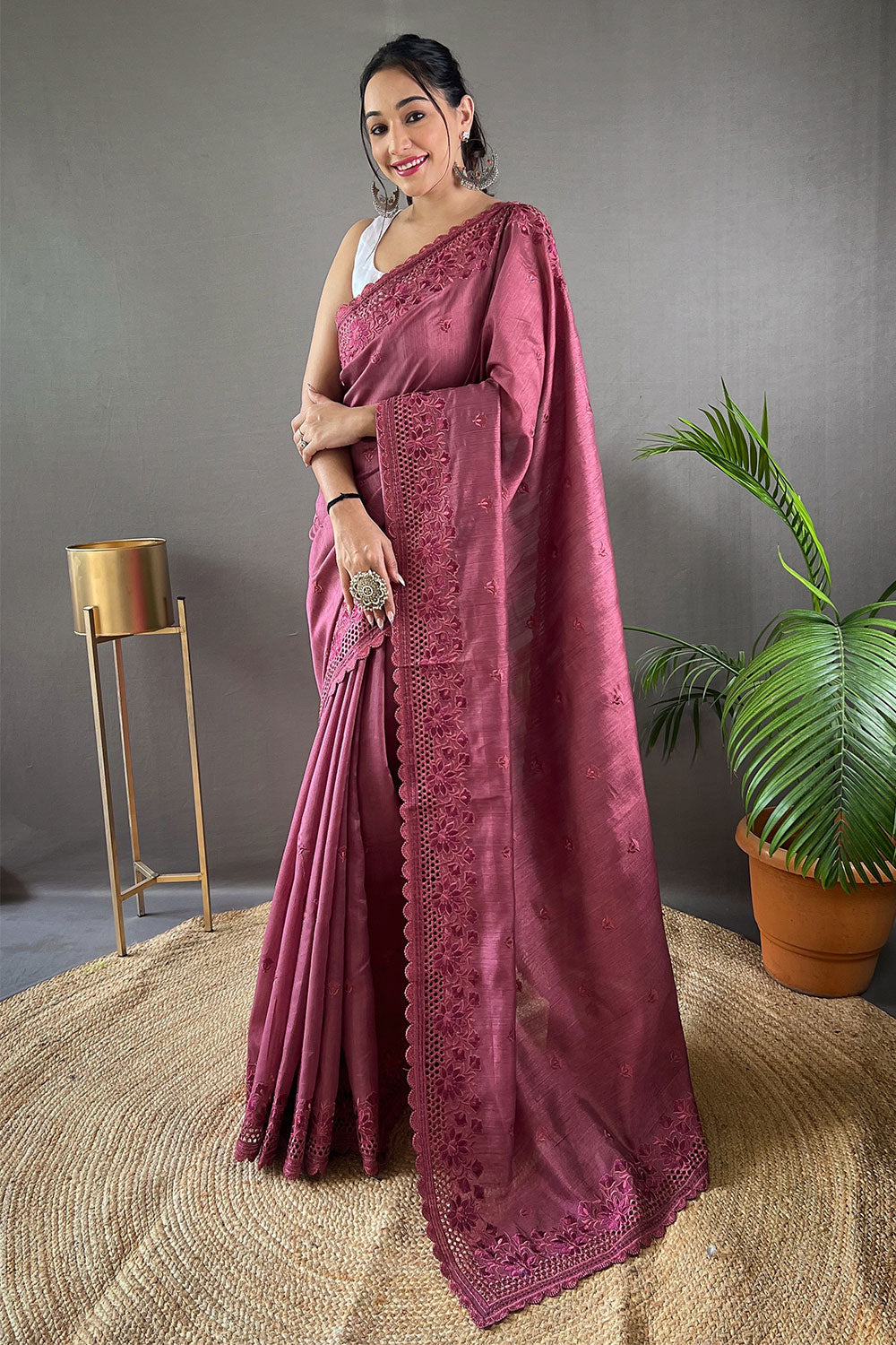 Rouge Pink Soft Silk Saree With Embroidery &amp; Cutwork Border