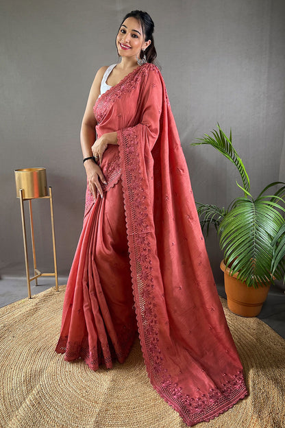 Punch Pink Soft Silk Saree With Embroidery &amp; Cutwork Border