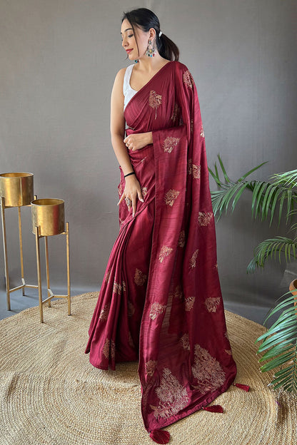 Dark Red Soft Silk Saree With Embroidery Work