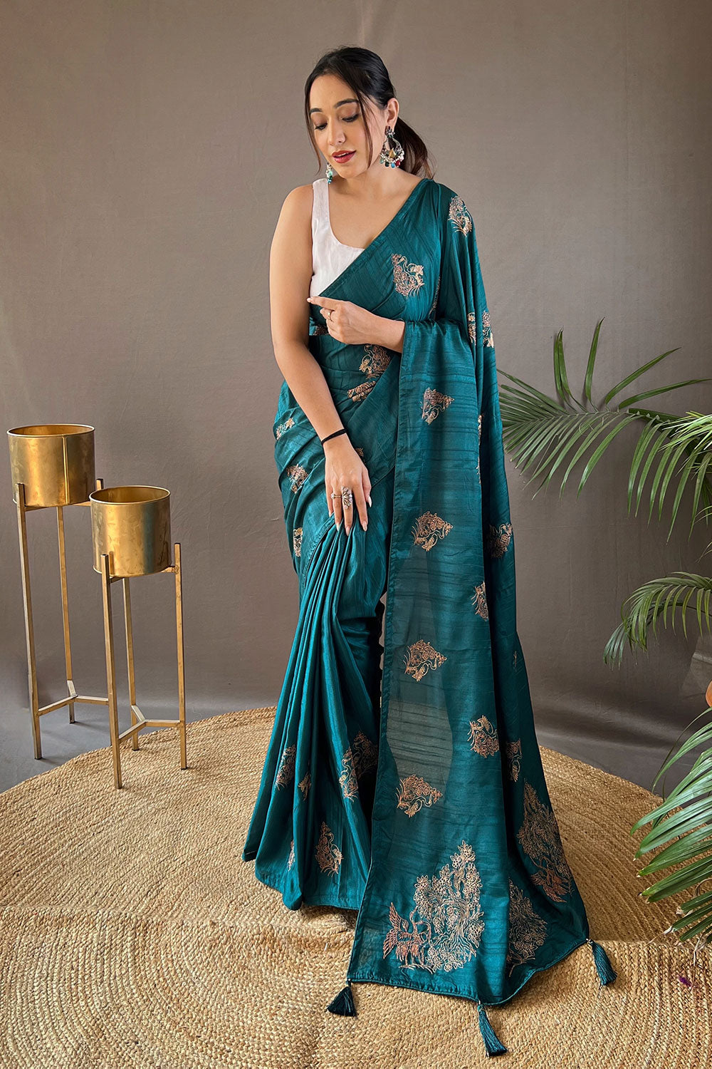 Teal Blue Soft Silk Saree With Embrodery Work