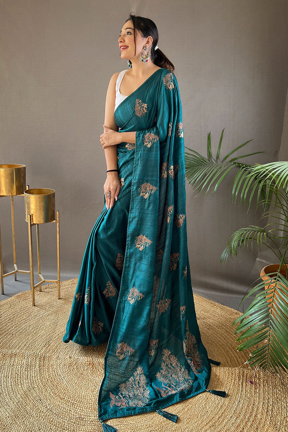Teal Blue Soft Silk Saree With Embrodery Work
