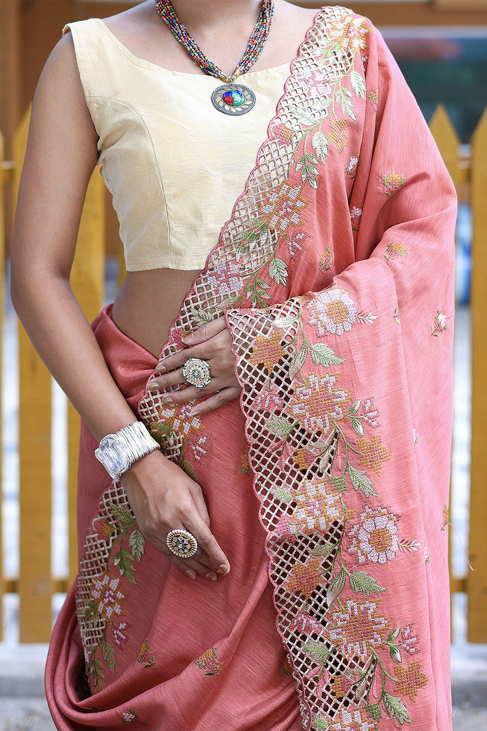 Bubblegum Pink Silk saree With Embroidery &amp; Cutwork Border