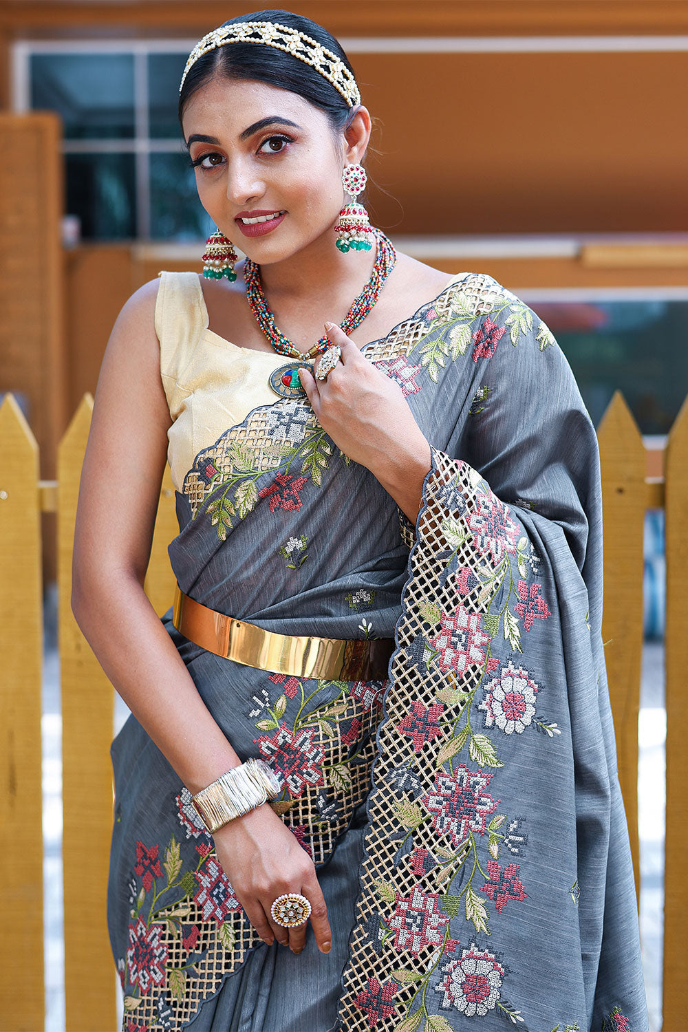 Grey Silk Saree With  Embroidery &amp; Cutwork Border