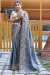 Grey Silk Saree With  Embroidery & Cutwork Border