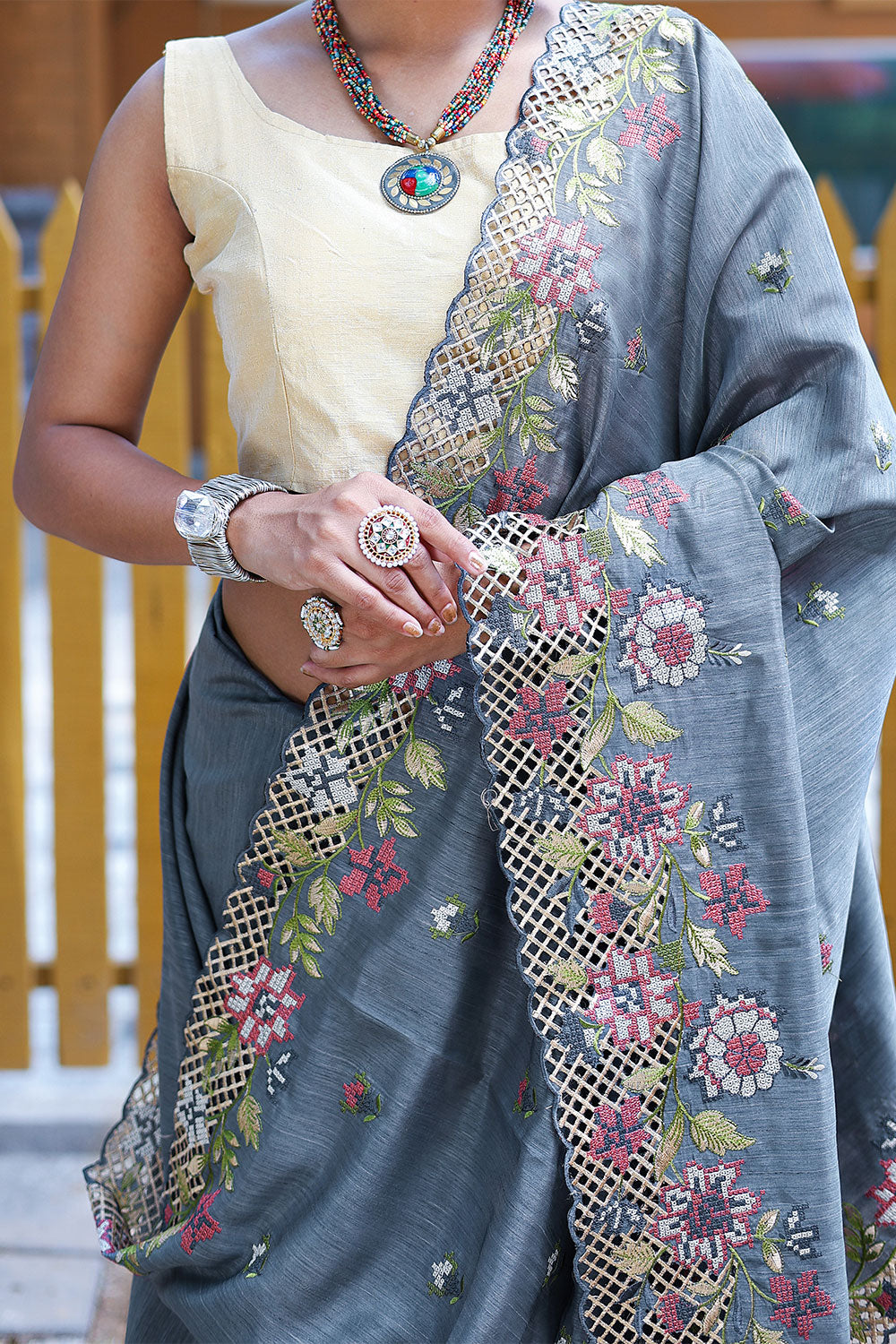 Grey Silk Saree With  Embroidery &amp; Cutwork Border