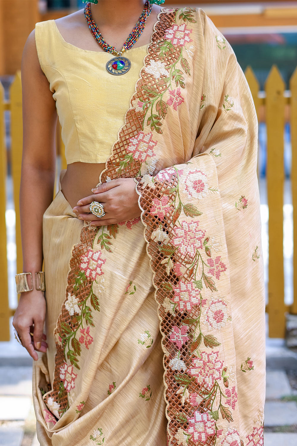 Light Yellow Silk saree With Embroidery &amp; Cutwork Border