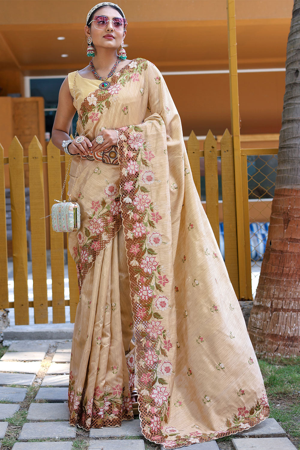 Light Yellow Silk saree With Embroidery &amp; Cutwork Border