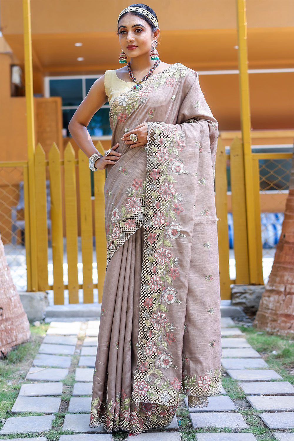 Bare Beige Silk Saree With Embroidery &amp; Cutwork Border