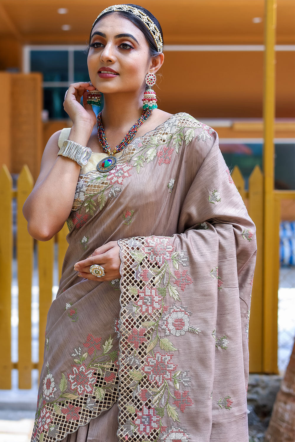Bare Beige Silk Saree With Embroidery &amp; Cutwork Border