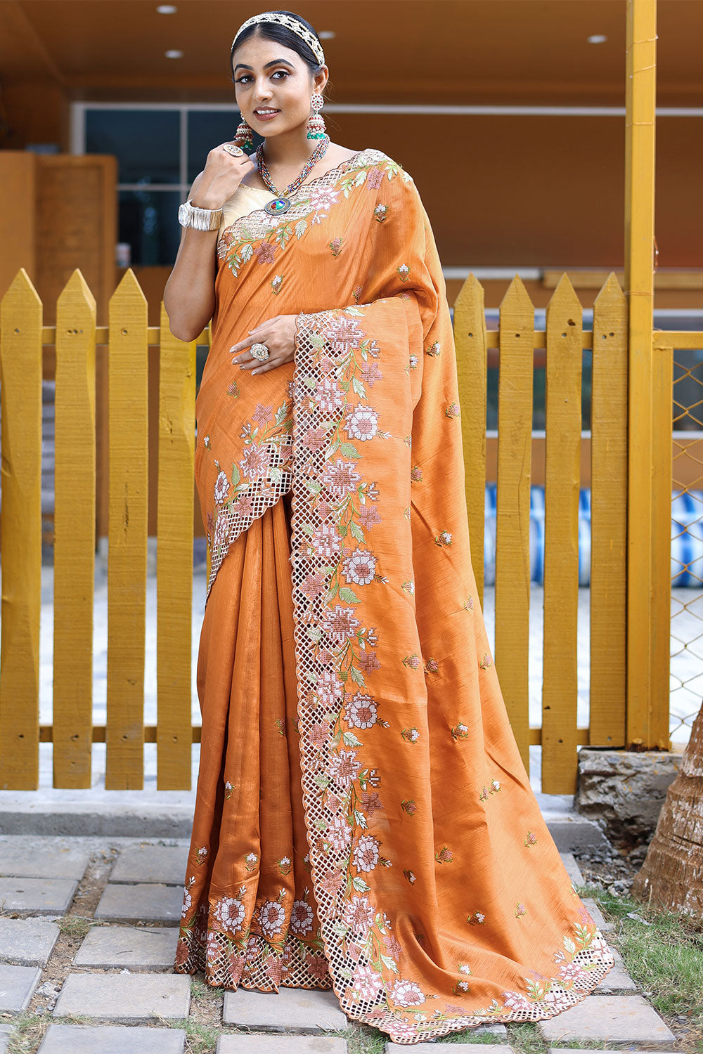 Orange  Silk saree With  Embroidery &amp; Cutwork Border
