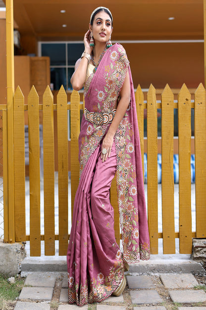 Pink Silk Saree With  Embroidery &amp; Cutwork Border