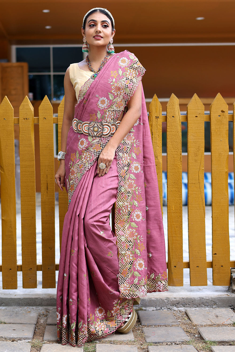 Pink Silk Saree With  Embroidery &amp; Cutwork Border