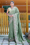 Olive Green Silk saree With Embroidery & Cutwork Border