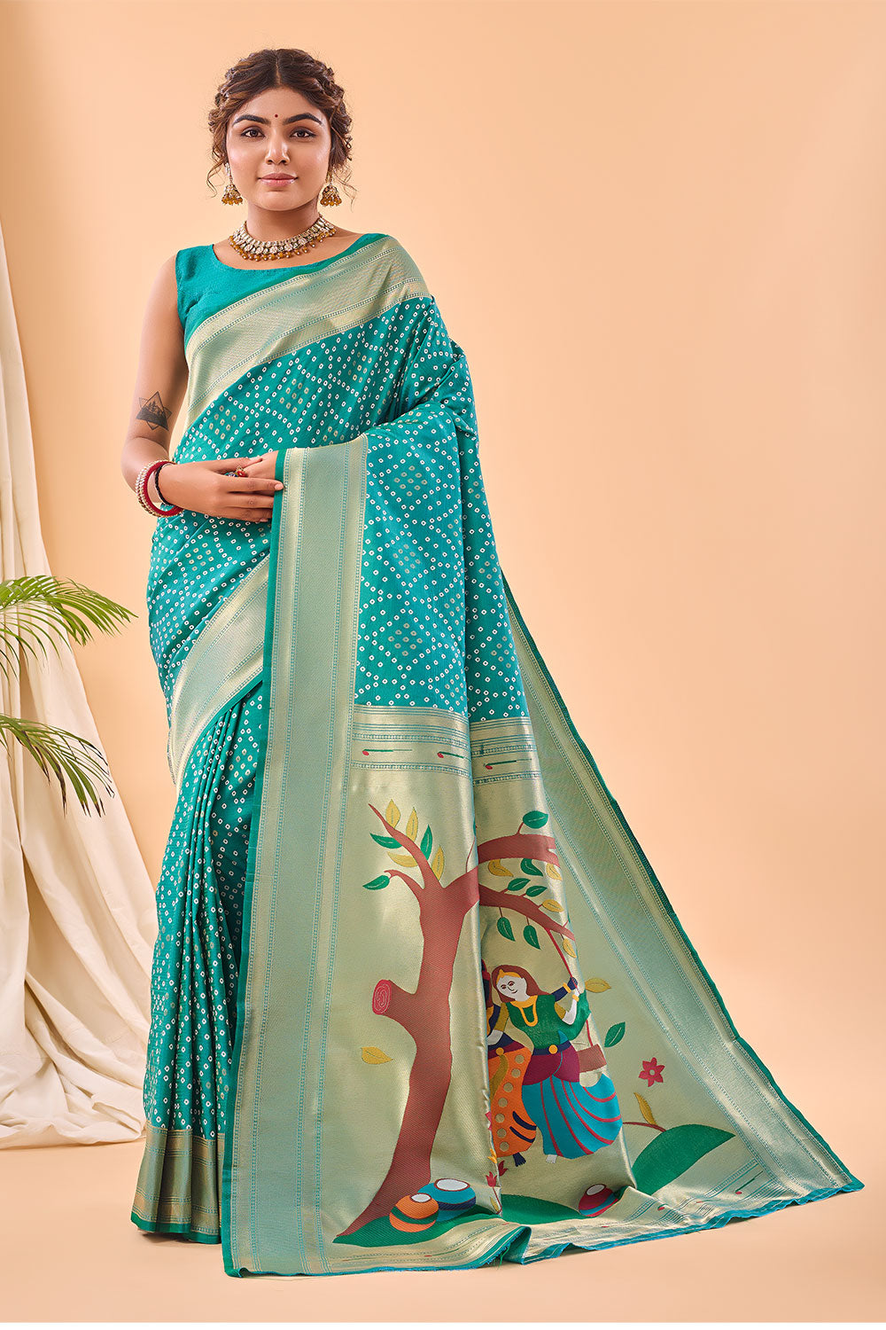 Rama Blue Paithani Silk Saree With Weaving  Work