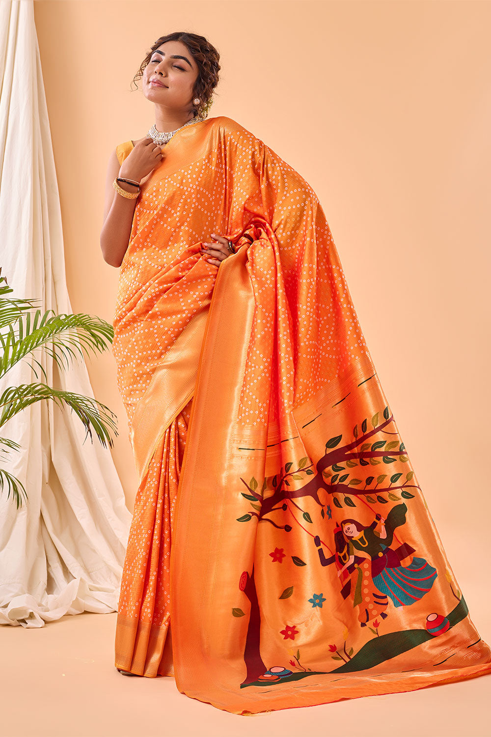 Orange Paithani Silk Saree With Weaving  Work