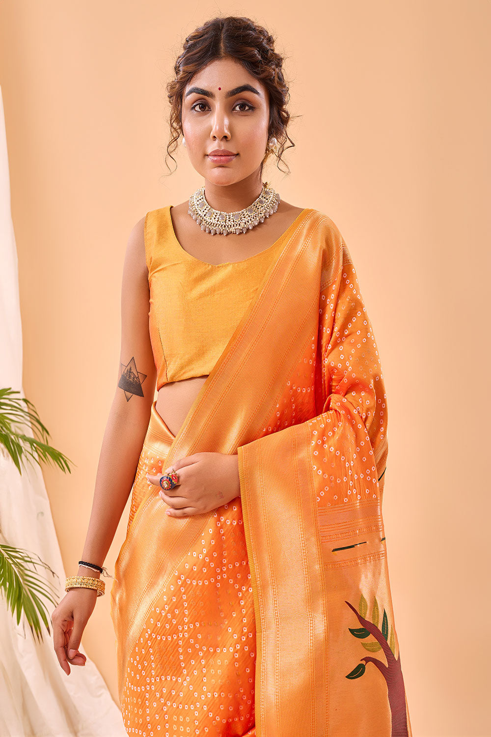 Orange Paithani Silk Saree With Weaving  Work