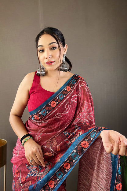 Blush Red Tussar Silk Saree With Printed Work