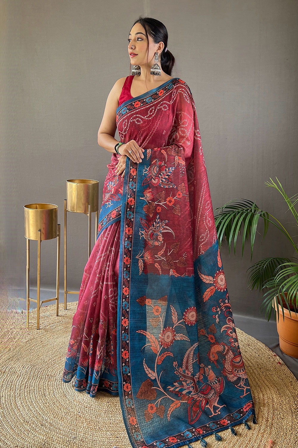 Blush Red Tussar Silk Saree With Printed Work