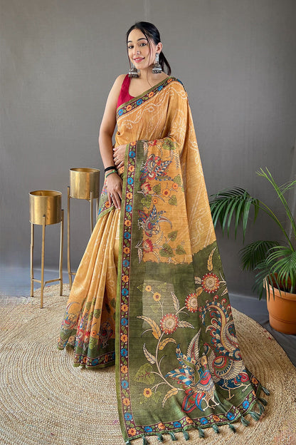 Mustard Yellow Tussar Silk Saree With Printed Work