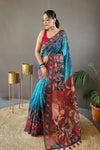 Vivid Sky Blue Tussar Silk Saree With Printed Work