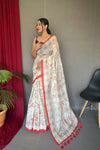 White & Red Malai Cotton With Katha Printed Saree