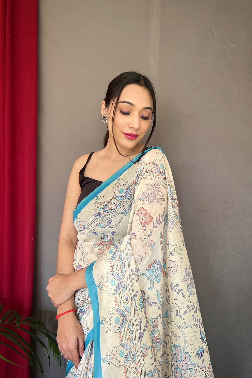 White &amp; Blue Malai Cotton With Katha Printed Saree