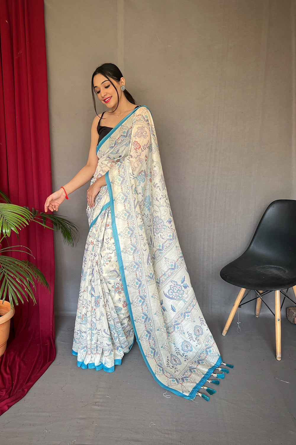 White &amp; Blue Malai Cotton With Katha Printed Saree