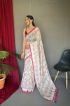 White & Pink Malai Cotton With Katha Printed Saree
