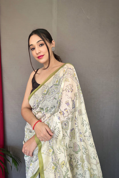 White &amp; Green Malai Cotton With Katha Printed Saree