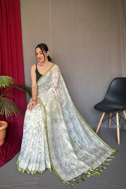 White &amp; Green Malai Cotton With Katha Printed Saree