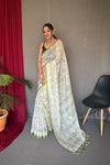 White & Green Malai Cotton With Katha Printed Saree