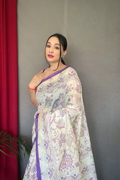 White &amp; Purple Malai Cotton With Katha Printed Saree